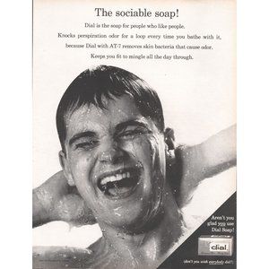 1961 Dial Soap AT-7 The Sociable Soap Vintage Print Ad Young Man Shower Wall Art